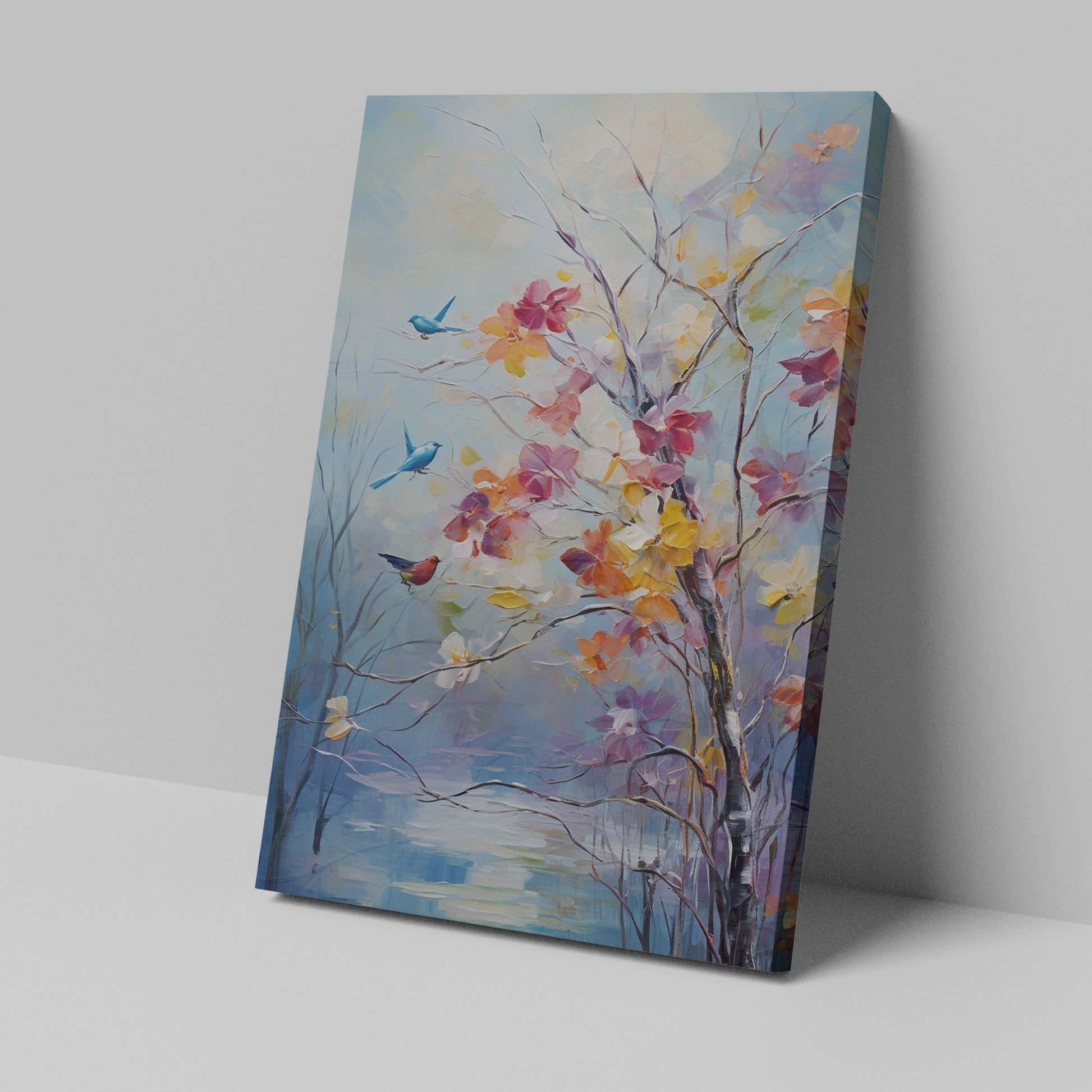 Framed canvas print of an impressionist painting with colourful birds and flowers by a lake