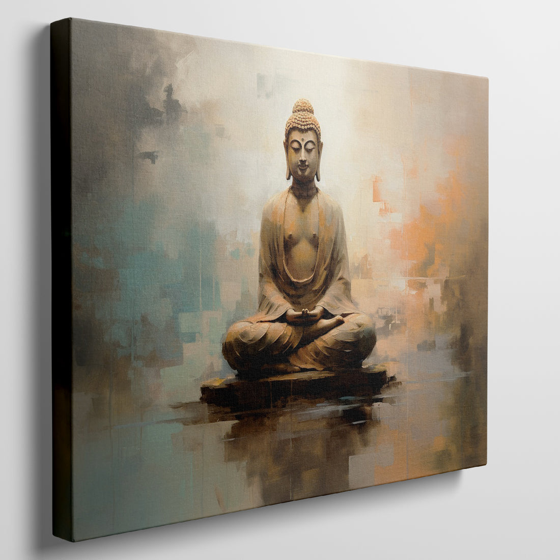 Framed canvas print of a modern abstract Buddha in meditation with warm golden and brown tones