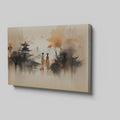 Framed canvas print of Oriental landscape with autumn colors and pagoda silhouettes