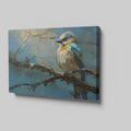 Framed canvas print of a vibrant impressionistic blue bird on a branch with a textured background