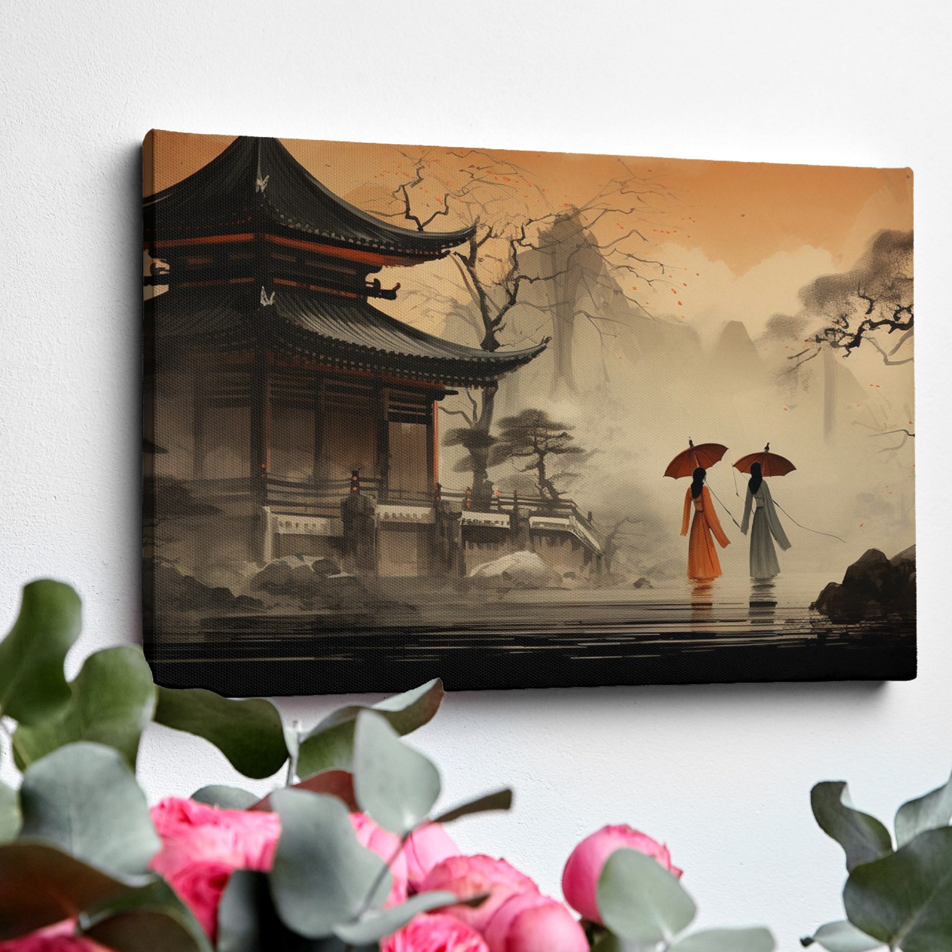 Framed canvas print of serene oriental pagoda scene with misty mountains and figures with umbrellas