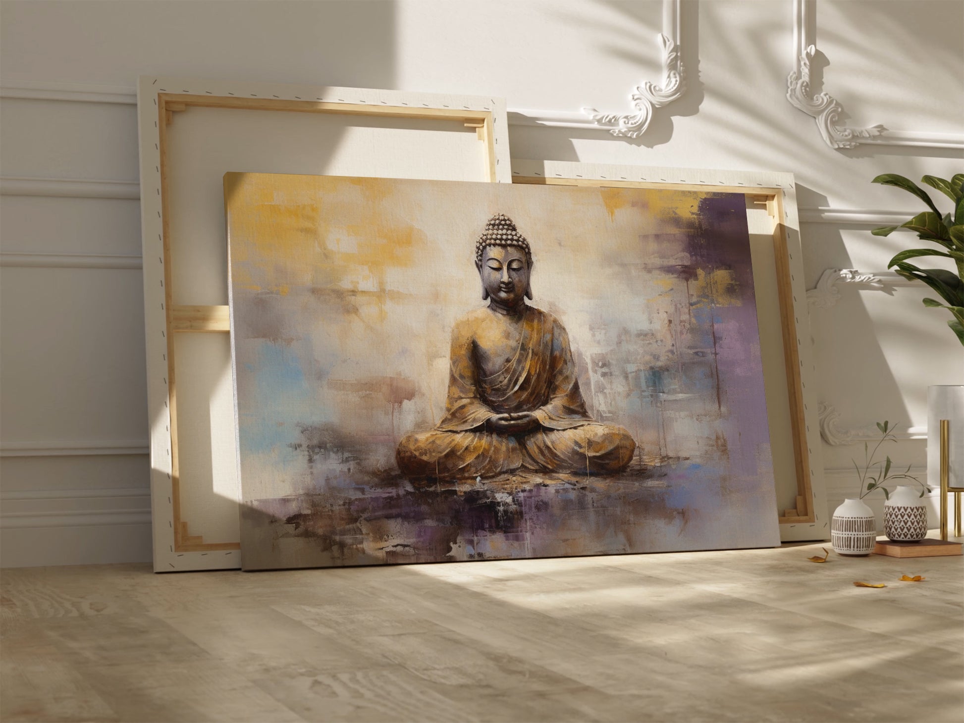 Framed canvas print of a golden Buddha in meditative pose with abstract background