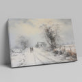 Framed canvas print of a snowy countryside scene with walking figures and a rustic cottage