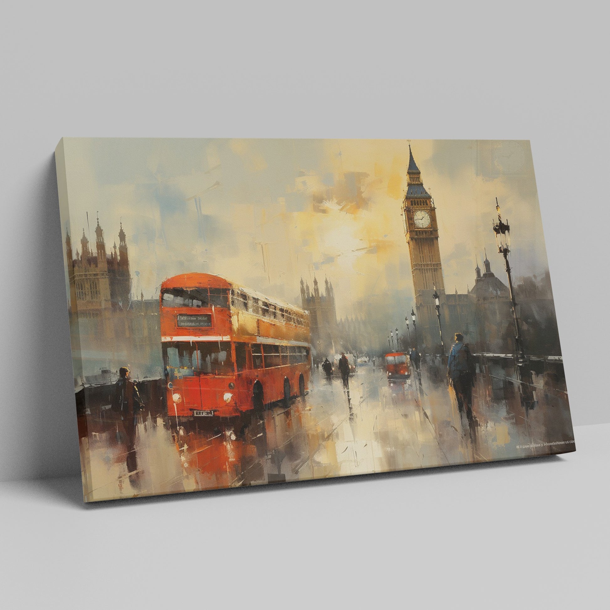 Framed canvas print of London with rain-swept Westminster, Big Ben, and a vintage red bus