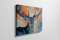 Framed canvas print of a stylized stag with abstract blue and orange background