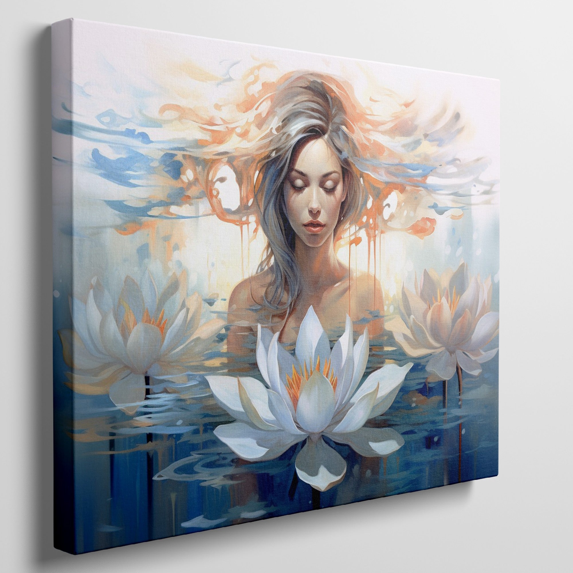 Framed canvas print of an ethereal woman with lotus flowers in serene water