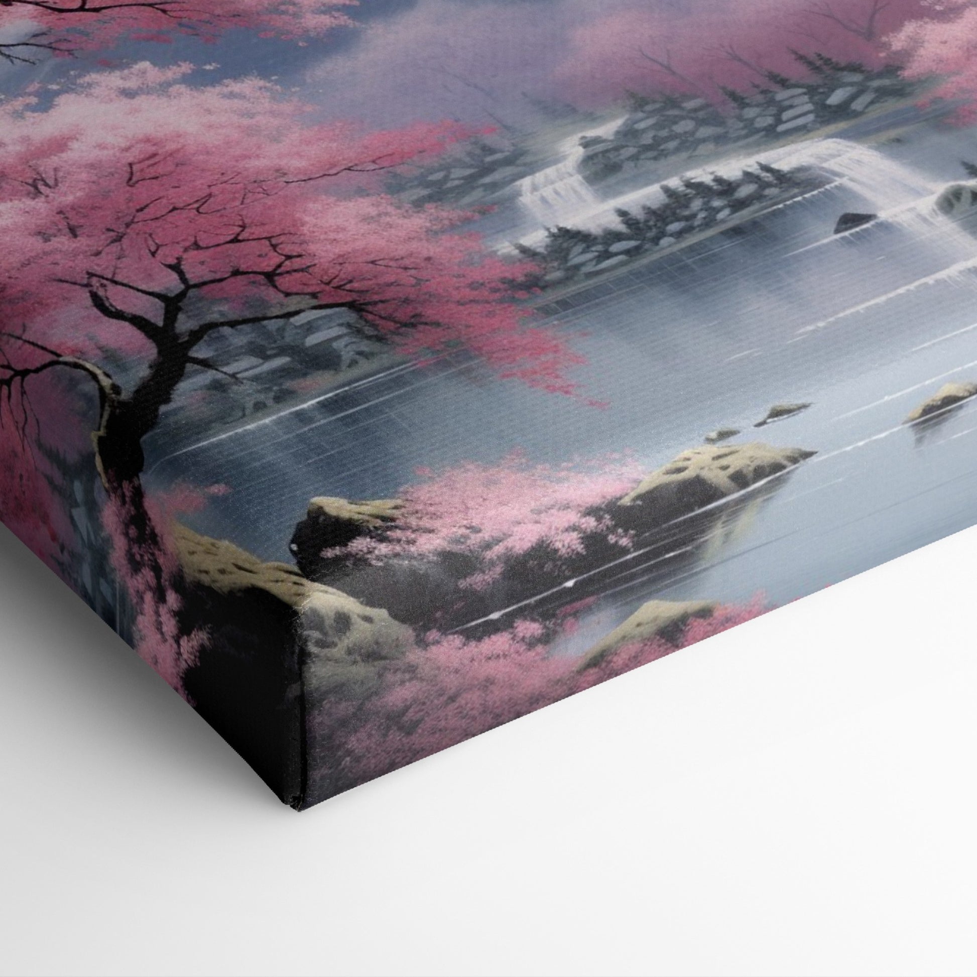 Framed canvas print of a serene Japanese landscape with pink cherry blossoms and Mount Fuji