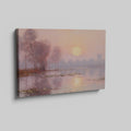 Framed canvas print of a misty river sunrise with reflection and soft pastel colours in impressionist style