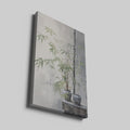 Realistic canvas art of green bamboo leaves and ceramic pots against grey background