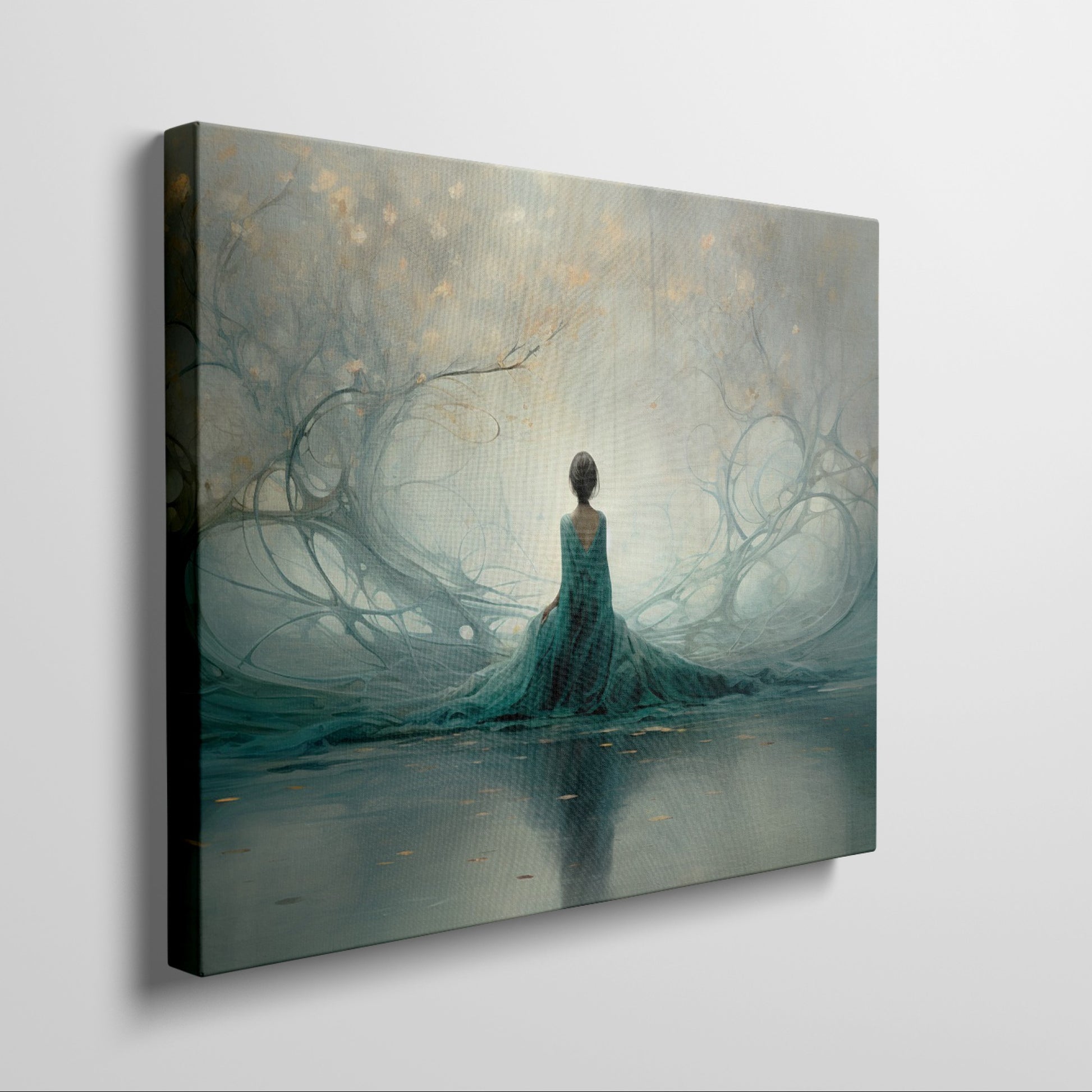 Framed canvas print of an ethereal woman amid a teal and gold enchanted forest