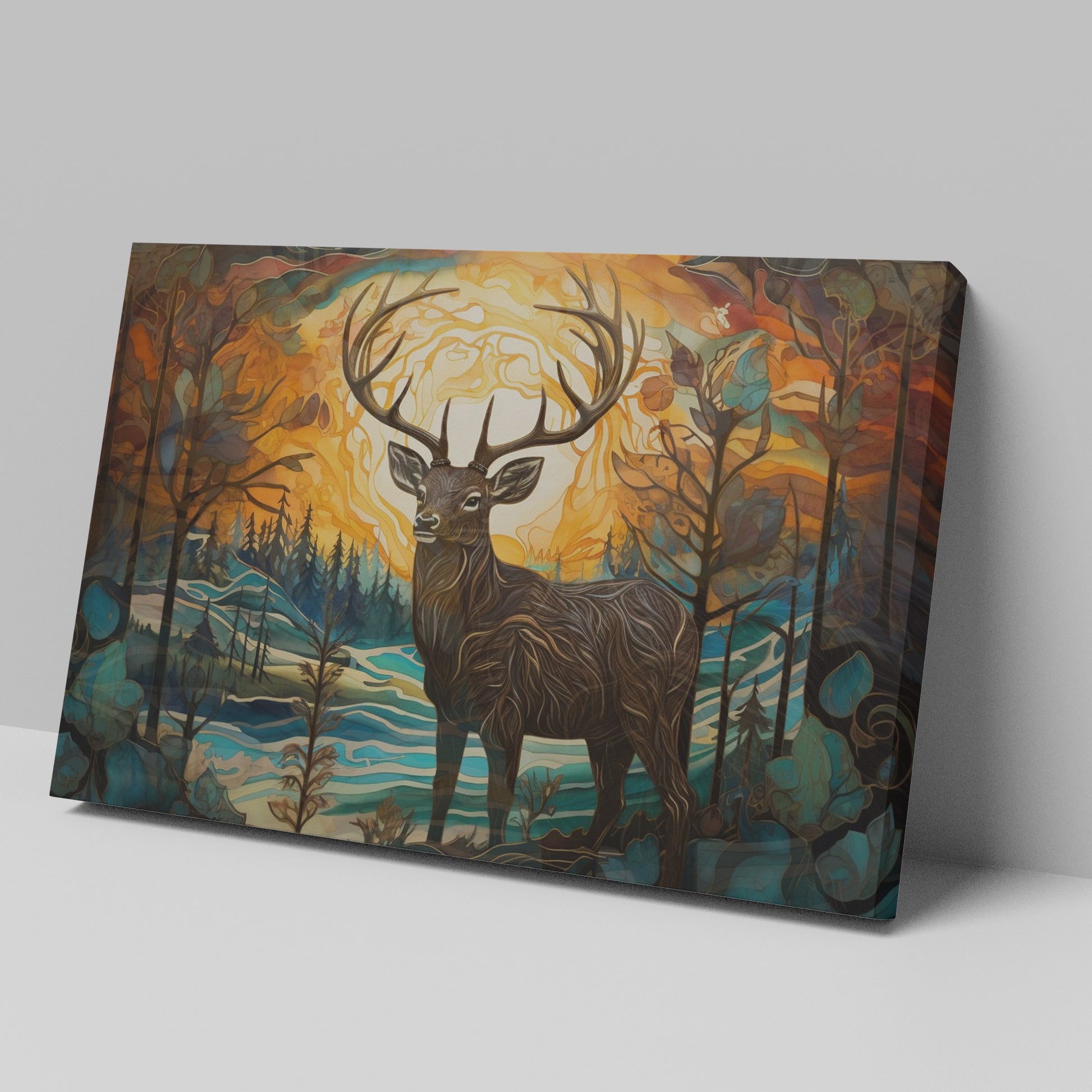 Artistic canvas of a stag in an autumn-toned forest with stylized trees and foliage