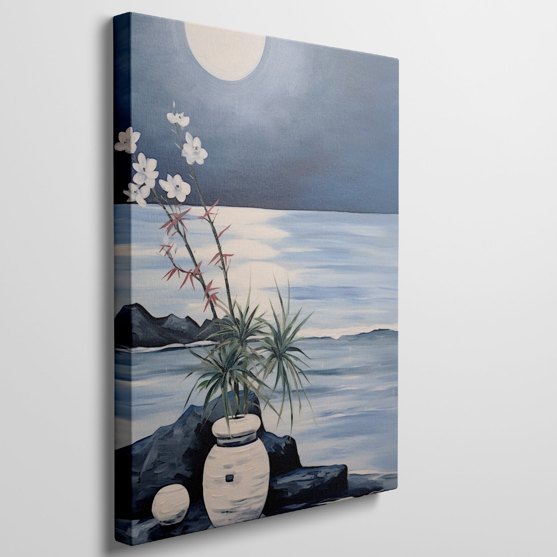 Blue and white moonlit seascape painting with flowers, rocks, and water