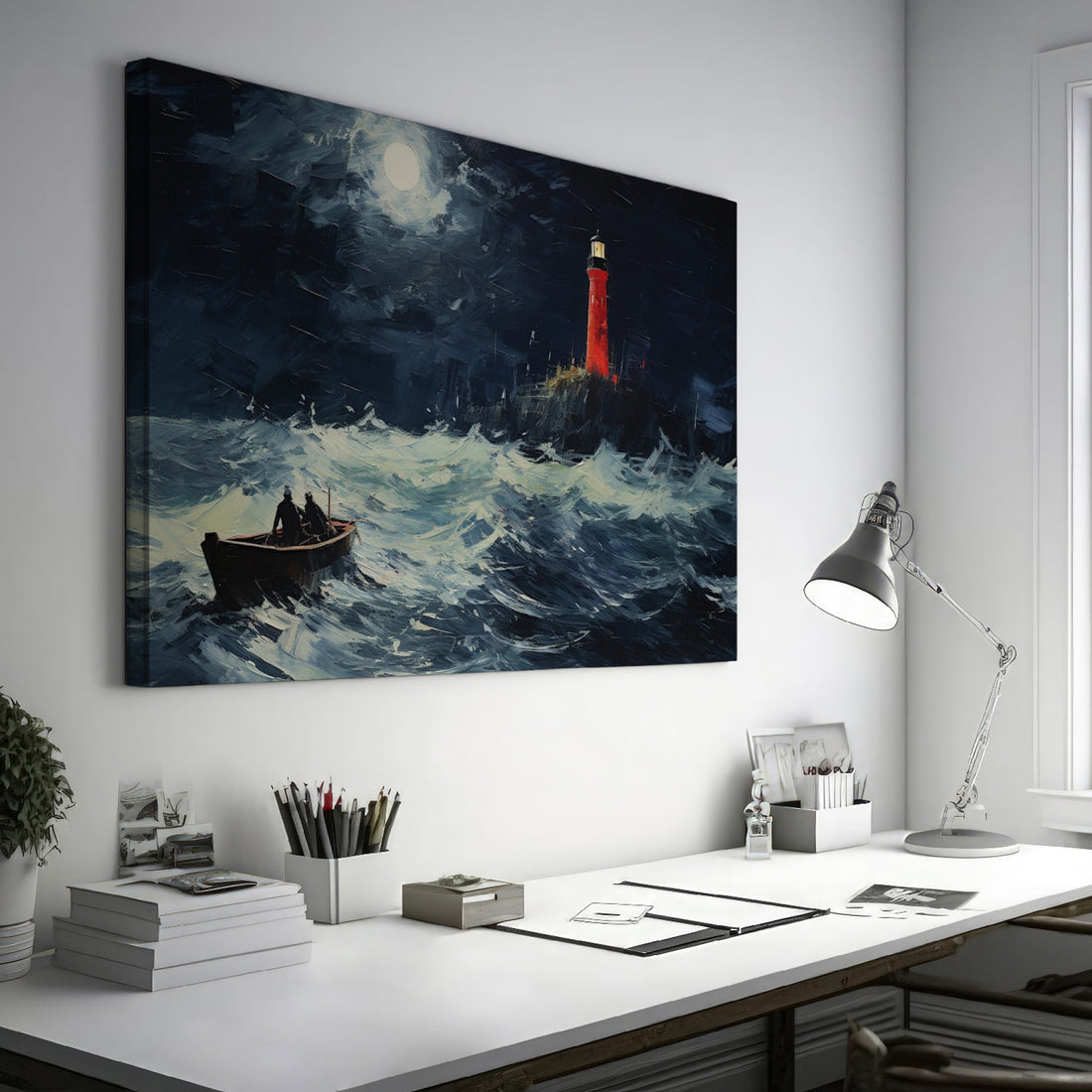 Framed canvas print of a stormy night seascape, with a red lighthouse and sailing boat under a moonlit sky