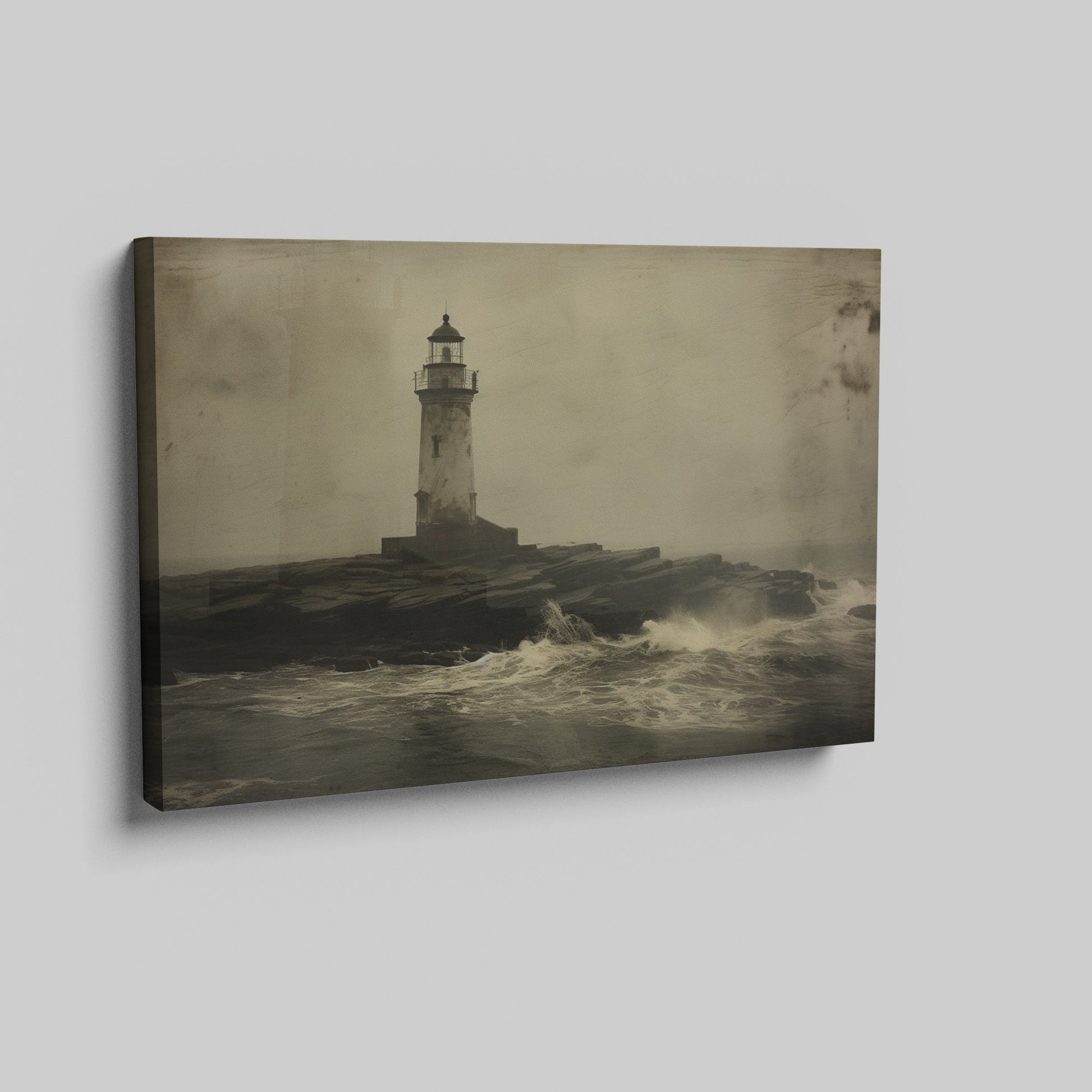 Framed canvas print of a vintage-style lighthouse on a stormy shore in sepia tones