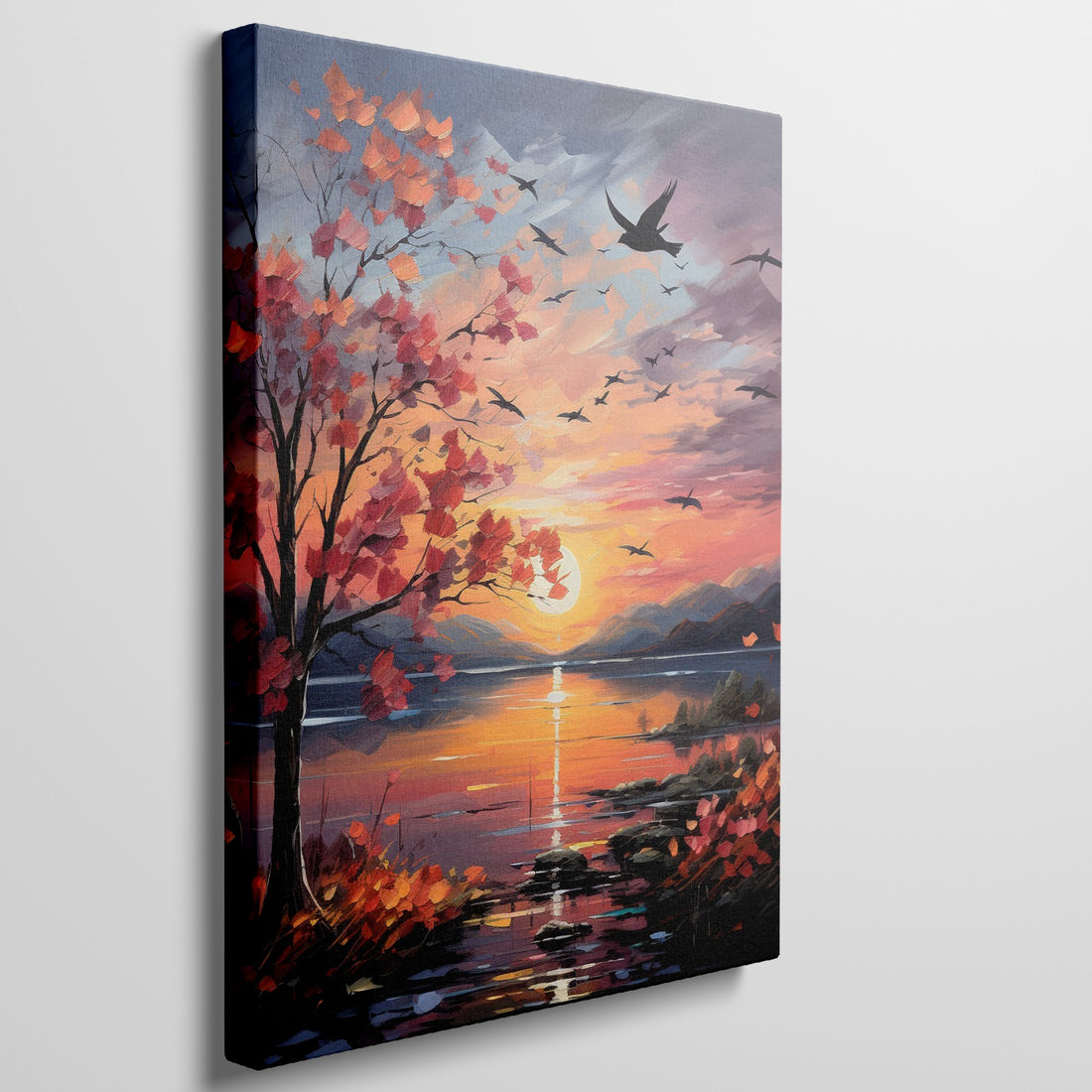 Framed canvas print of an impressionist-style autumn sunset by a lake with birds in flight and vibrant foliage.