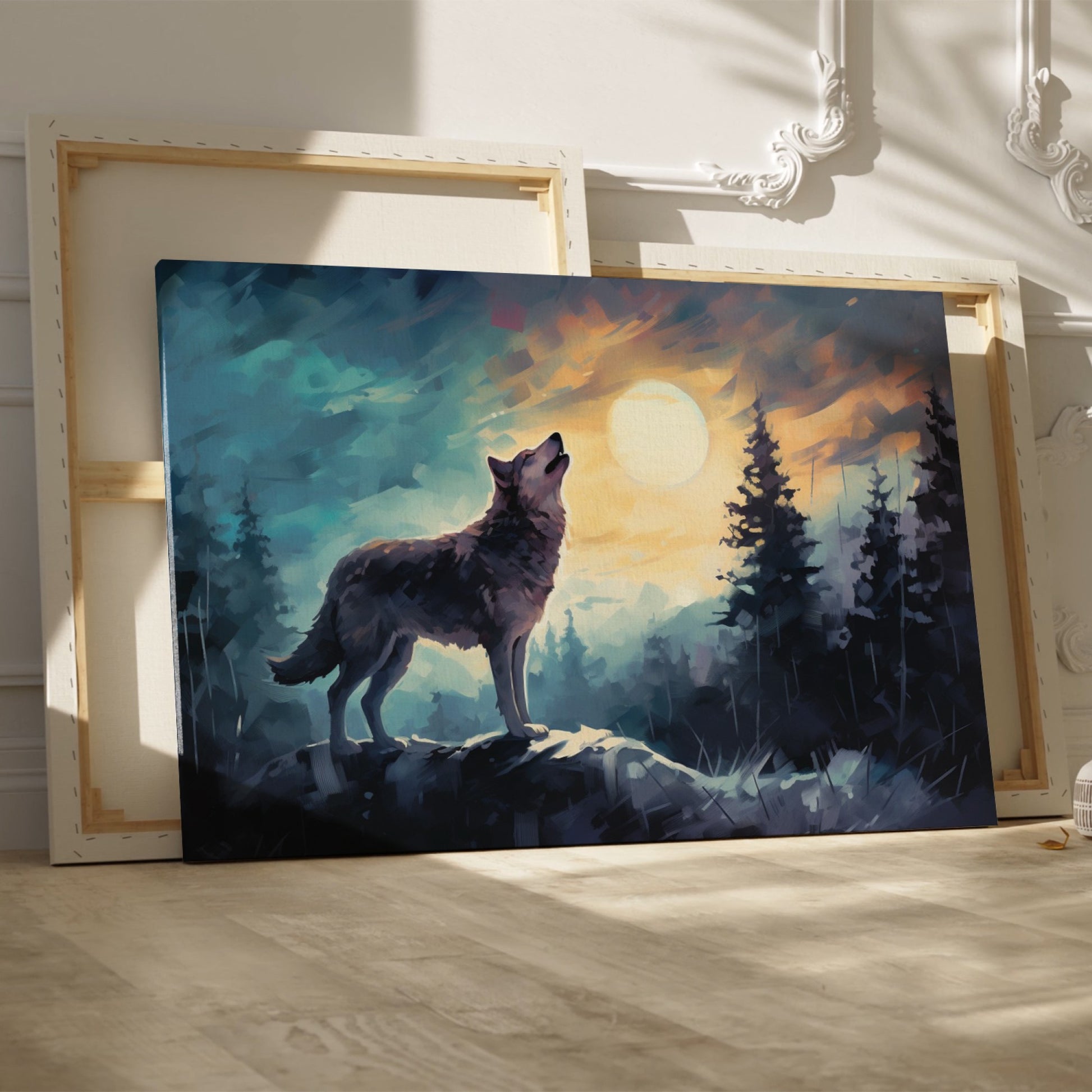 Framed canvas print of a wolf howling at sunset among forest trees