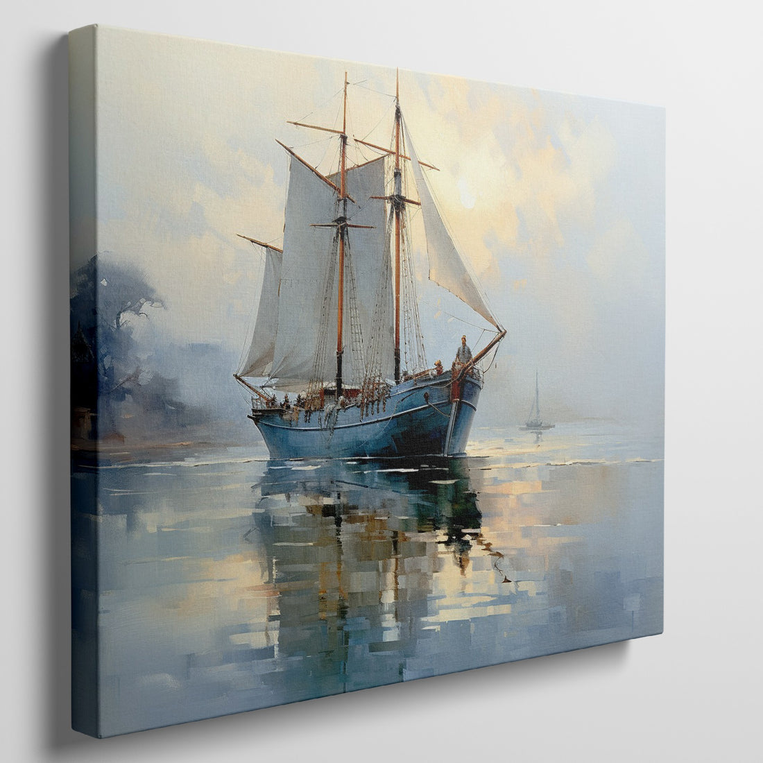 Framed canvas print of tranquil dawn light with an elegant sailing ship reflecting in the ocean