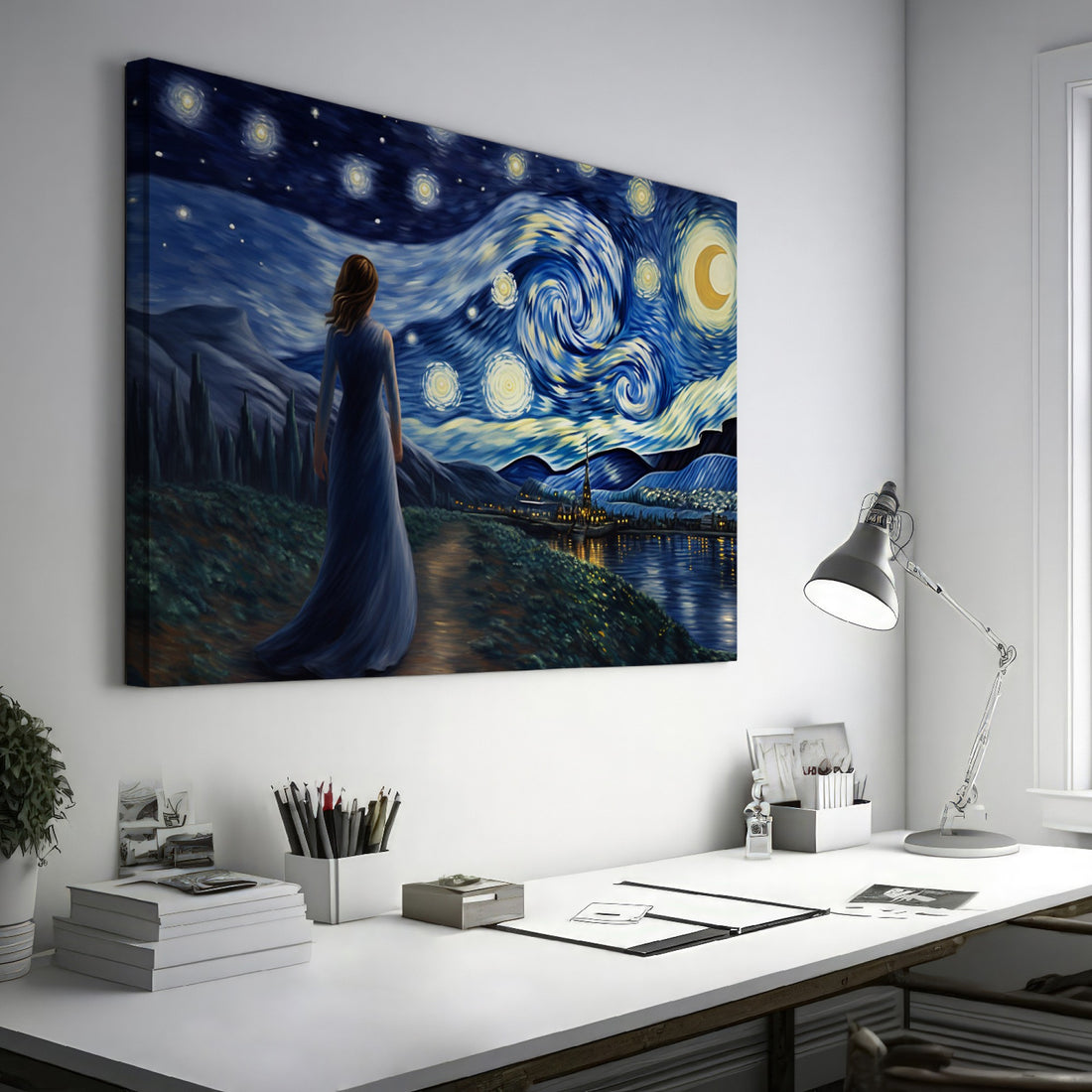 Framed canvas print of a woman in a blue dress gazing at a starry night sky with swirling patterns over a village