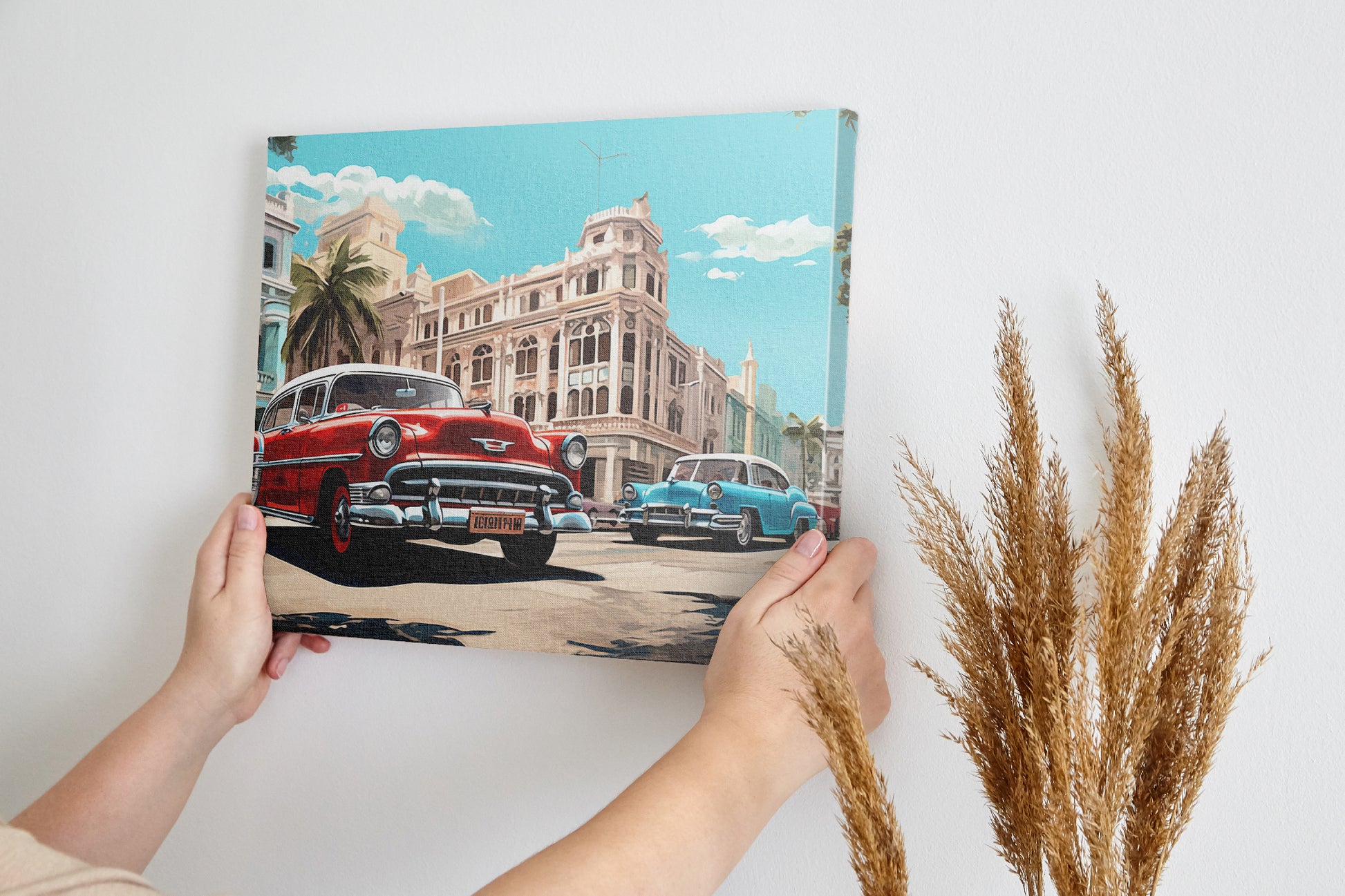 Framed canvas print of vintage cars and historic urban street scene in vibrant colours