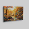 Digital painting of two stags by a river in an autumn forest with a sunset in the background