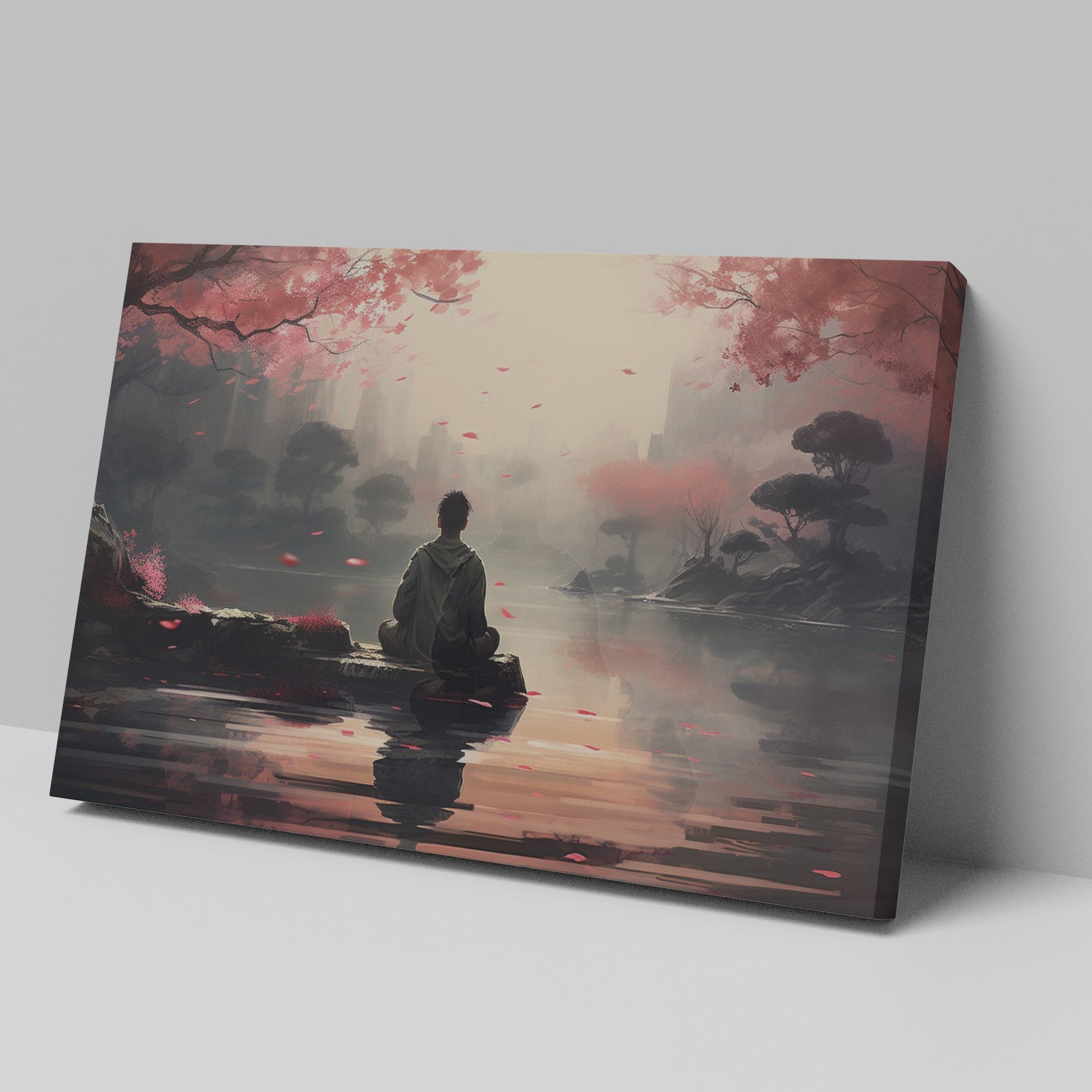 Framed canvas print of a serene digital painting with a figure sitting near water, reflecting cherry blossoms and a city silhouette