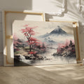 Framed canvas print of Asian landscape with cherry blossoms and misty mountain scenery