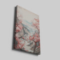 Framed canvas print of oriental landscape with cherry blossoms and birds over tranquil mountains