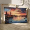 Framed canvas print of a scenic London skyline at sunset with vibrant hues and the River Thames