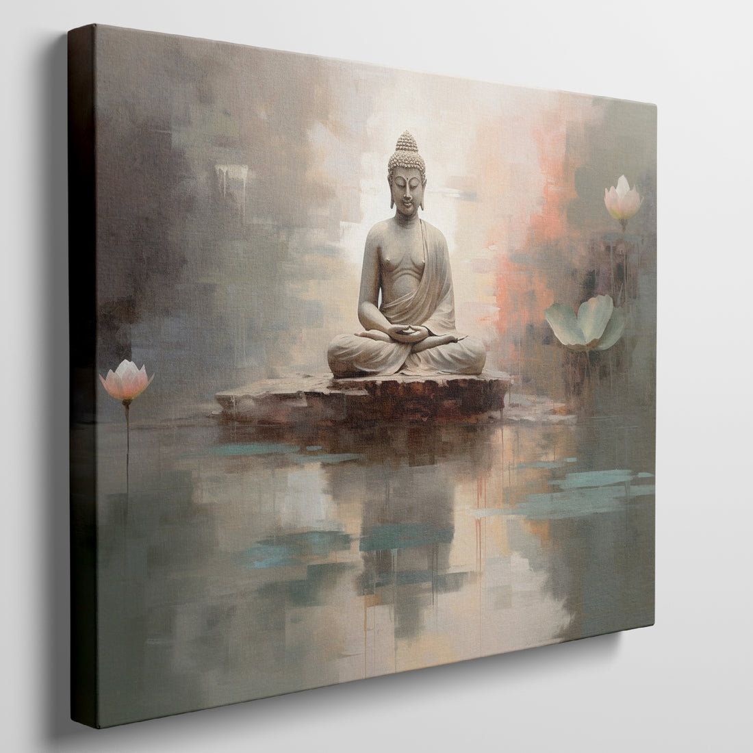 Framed canvas print of a serene Buddha in meditation with abstract watercolour lotus flowers and reflections