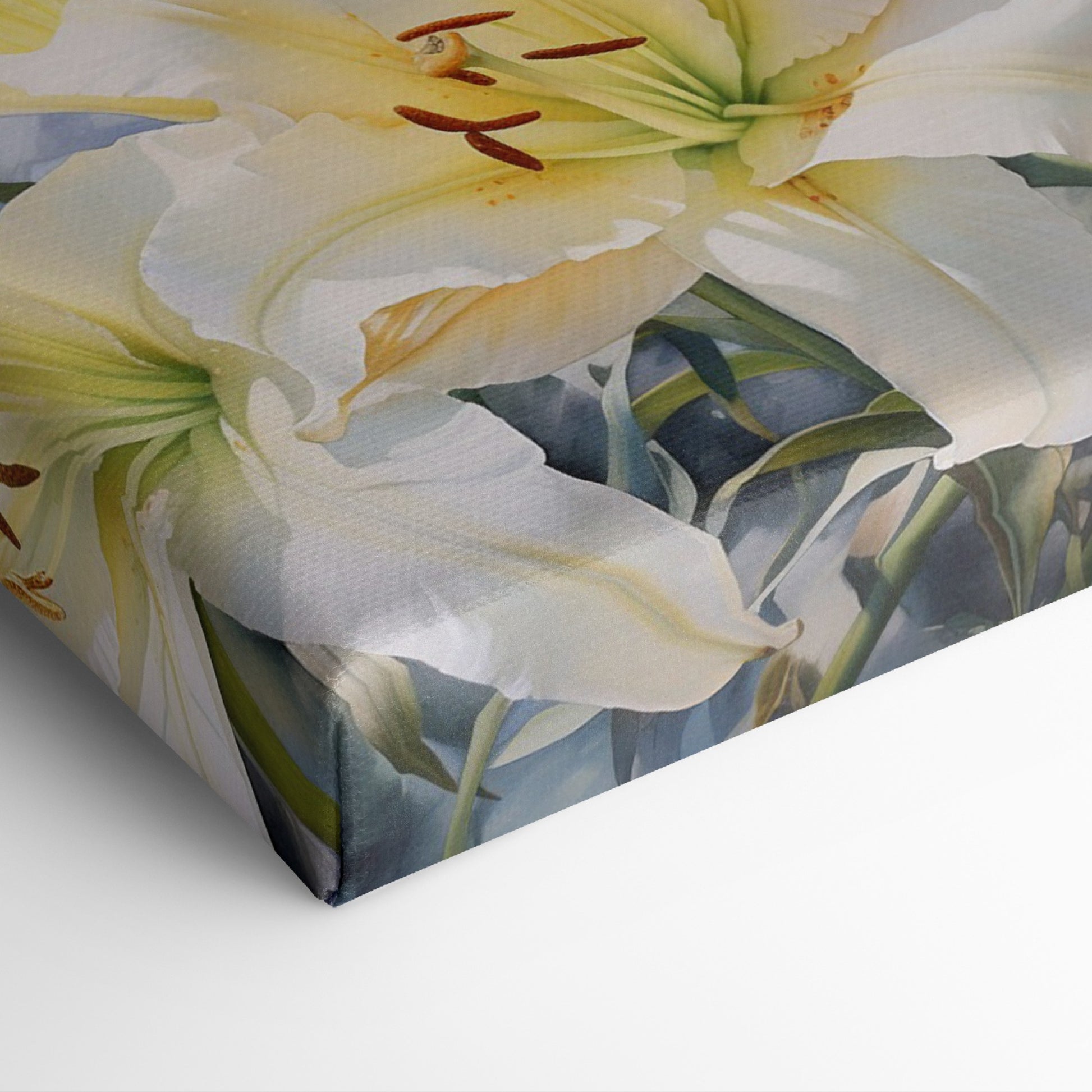 Framed canvas print of realistic white lily flowers with vibrant green foliage on a subtle background