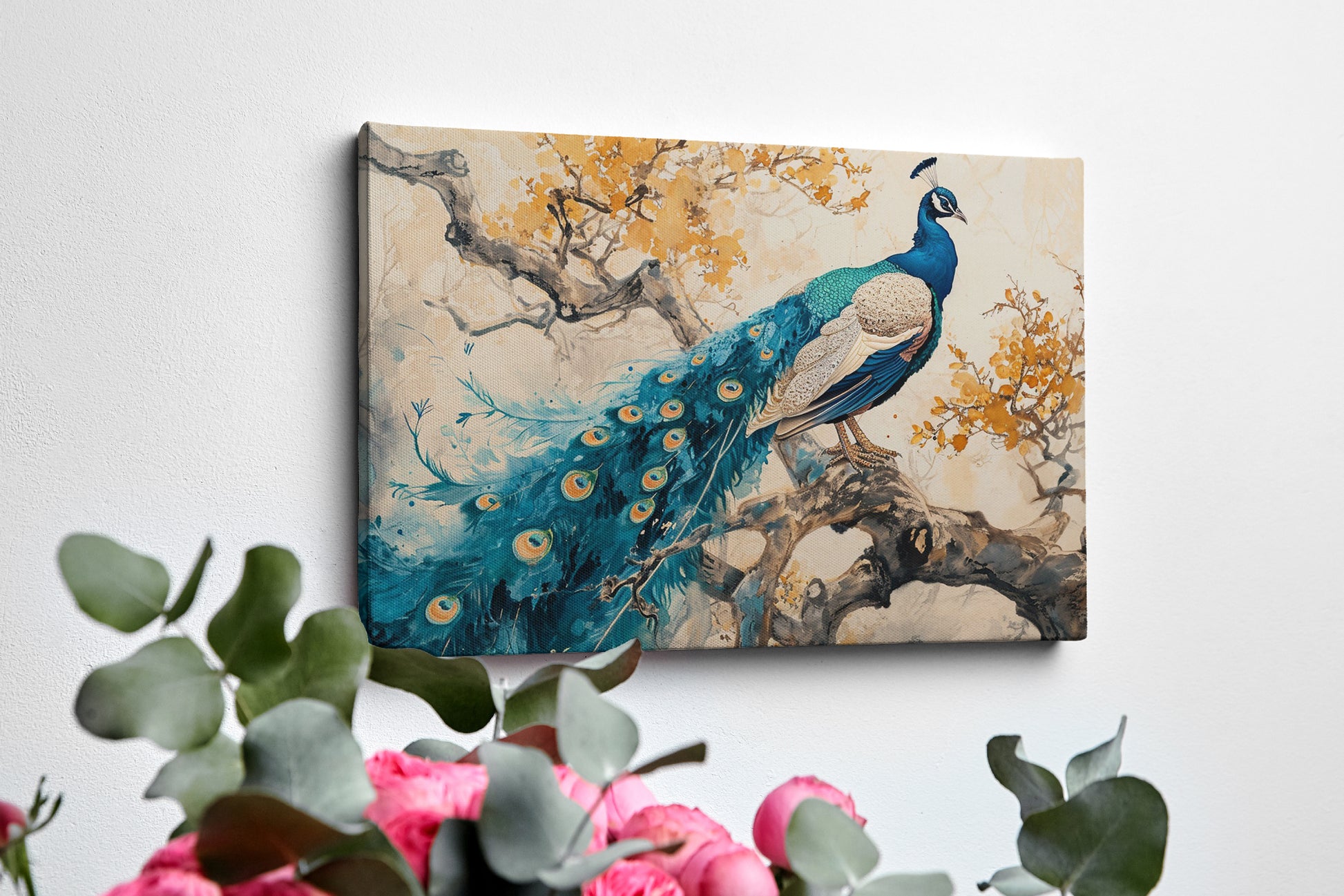 Framed canvas print of a peacock on a tree with autumn leaves