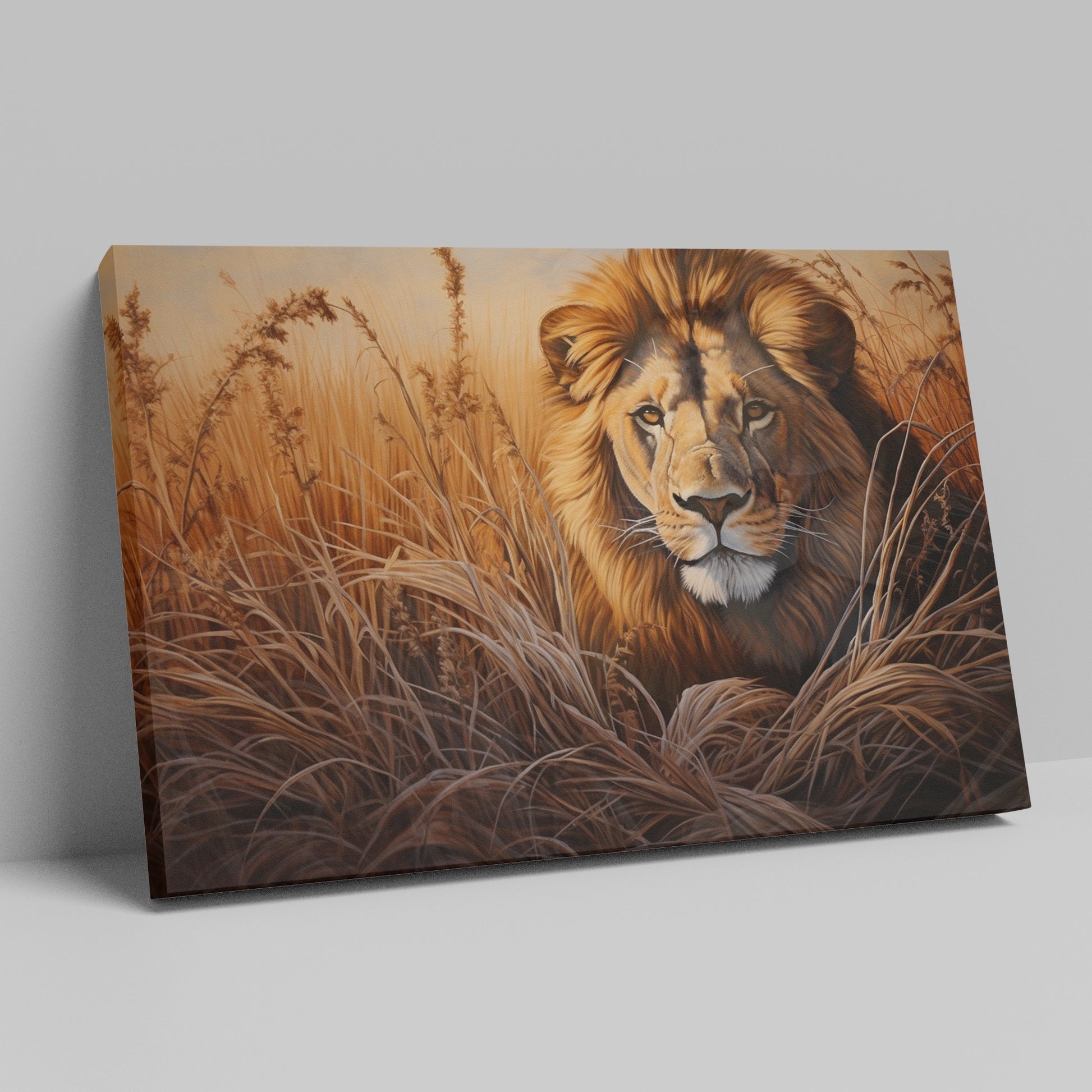 Framed canvas print of a realistic lion portrait in earthy tones