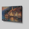 Framed canvas print of a watercolour Mediterranean village at twilight with reflections on the sea