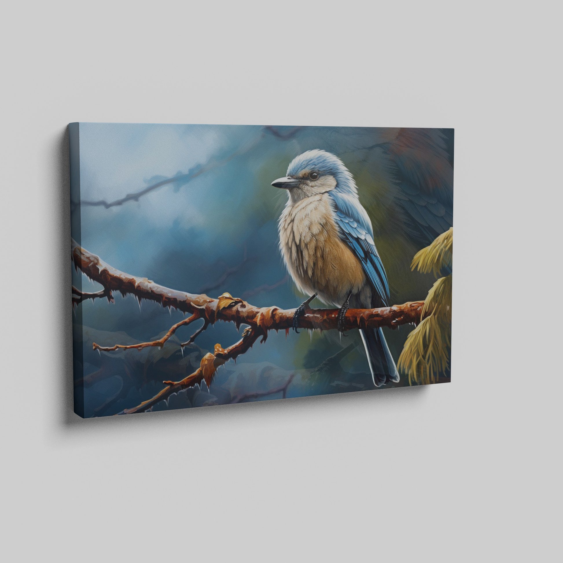 Framed canvas print of a realistic blue jay perched on a branch with intricate detail and vibrant colours