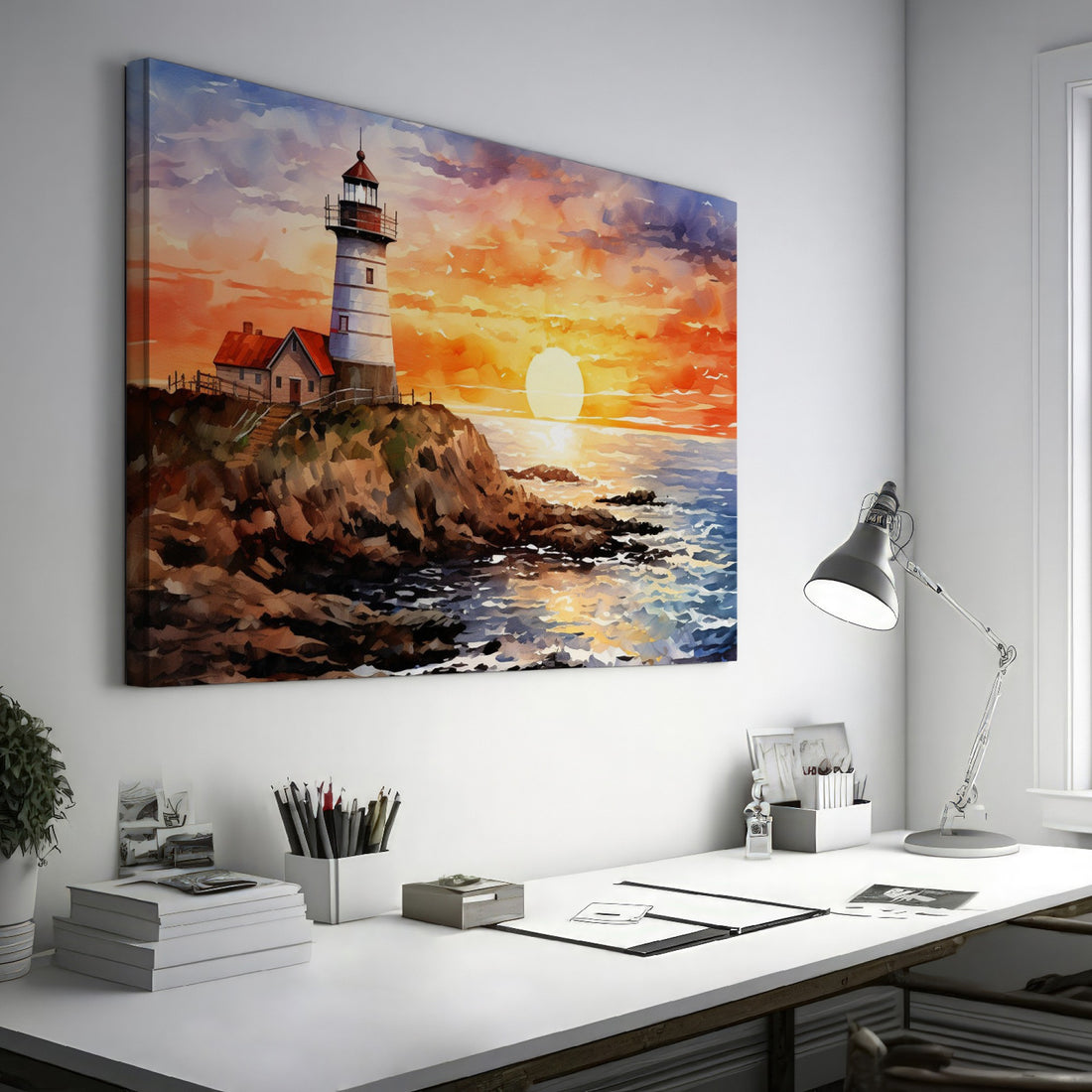 Watercolor painting of a lighthouse during a vibrant sunset with ocean and cliffs