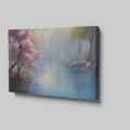 Framed canvas print of a serene landscape with cherry blossoms and a misty lake