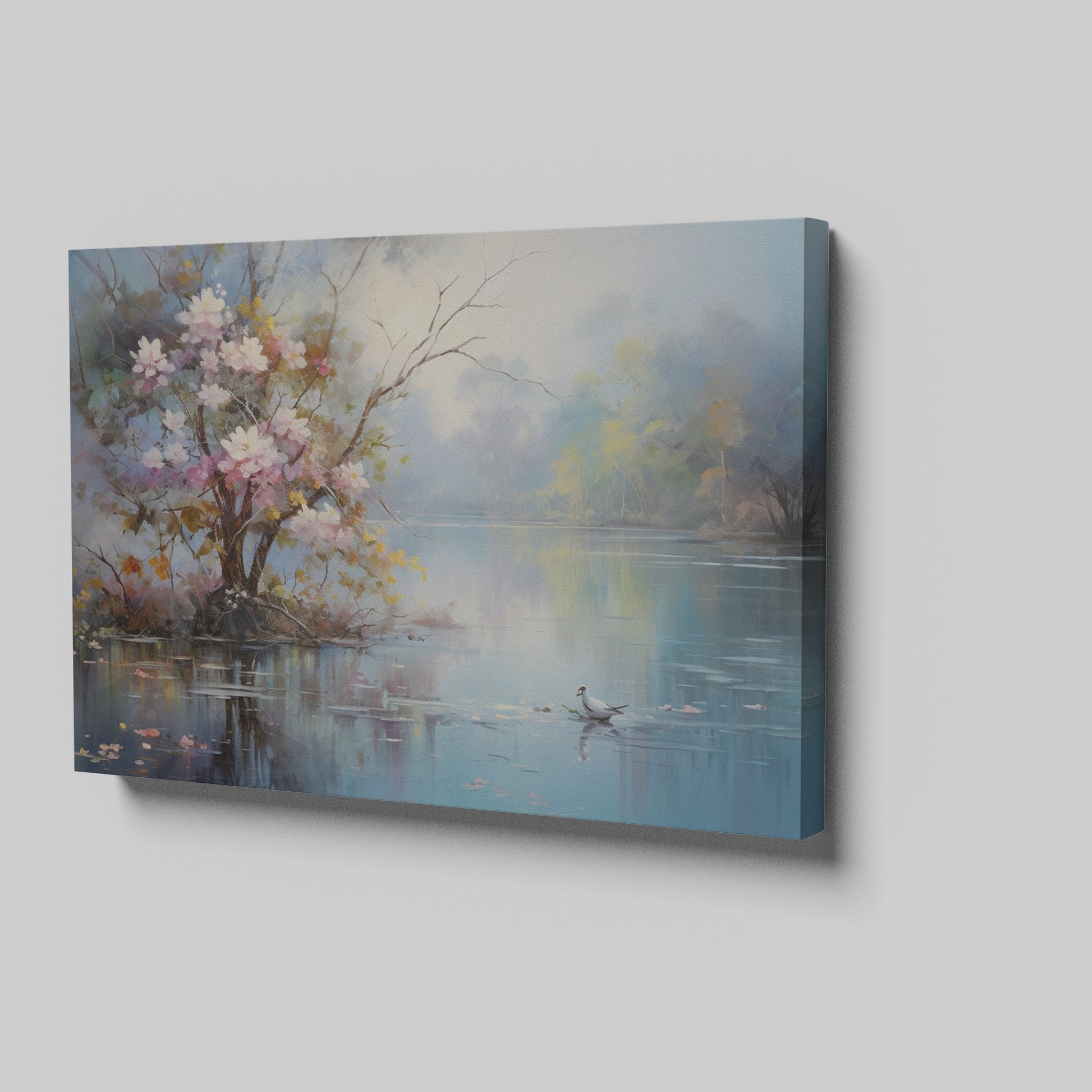 Framed canvas print of impressionist painting with blossoming trees by a serene lake