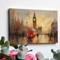 Framed canvas print of an impressionistic London cityscape featuring Big Ben and a red double-decker bus at sunset