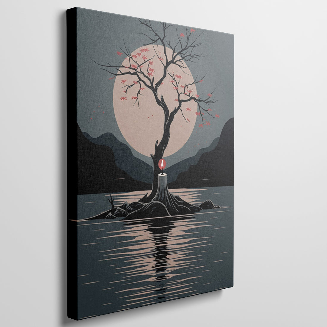 Framed canvas print of a minimalist scene with a lone tree, red leaves, and a moonlit lake