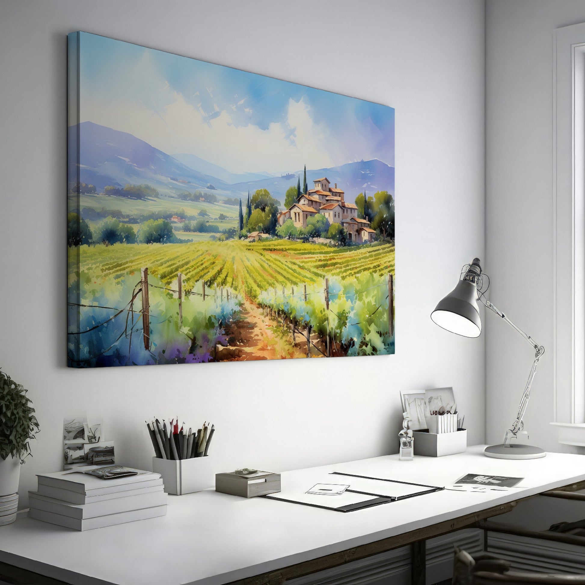 Framed canvas print of a Tuscan landscape with a villa and vineyards