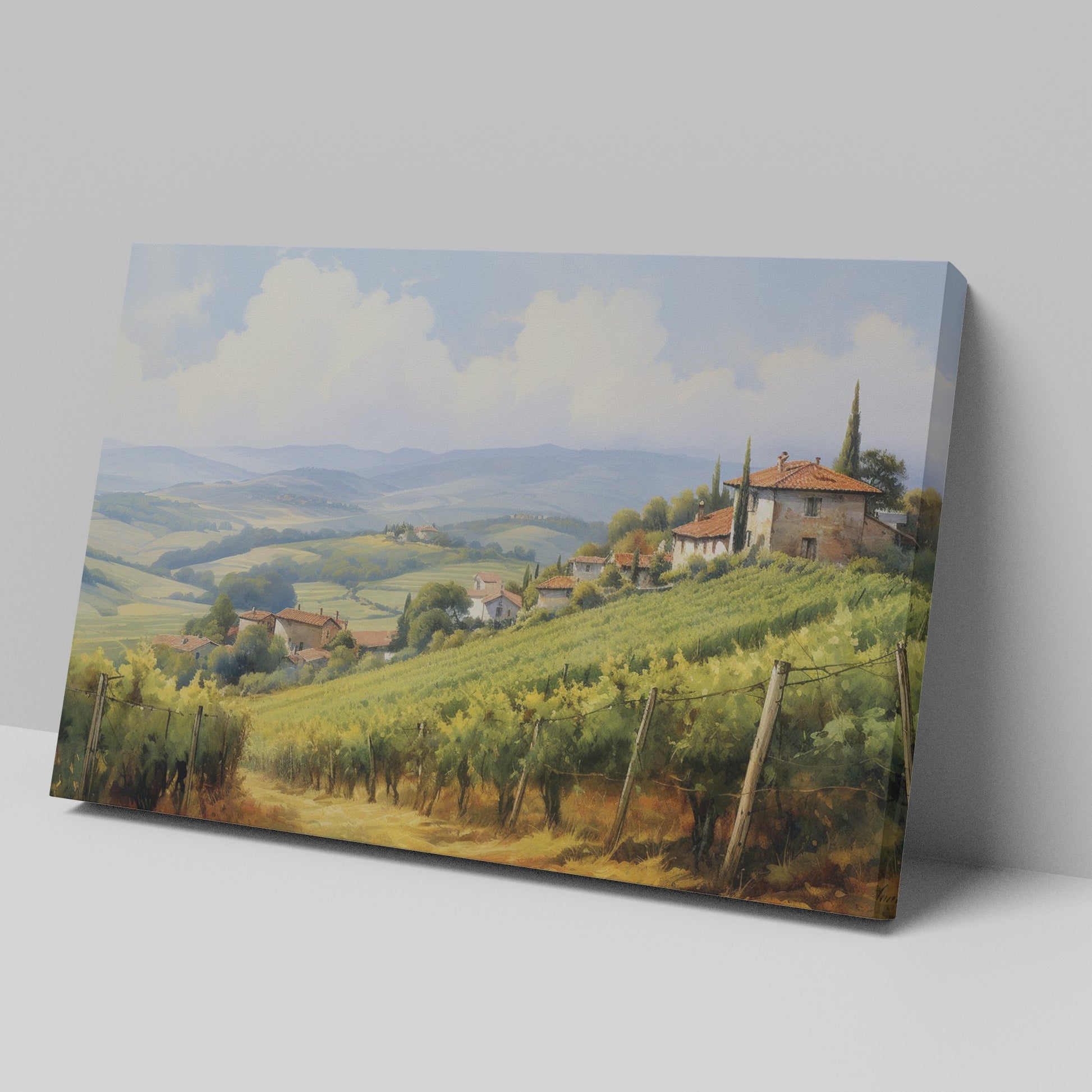 Framed canvas print of a sunny Tuscan landscape with vineyards and rustic houses