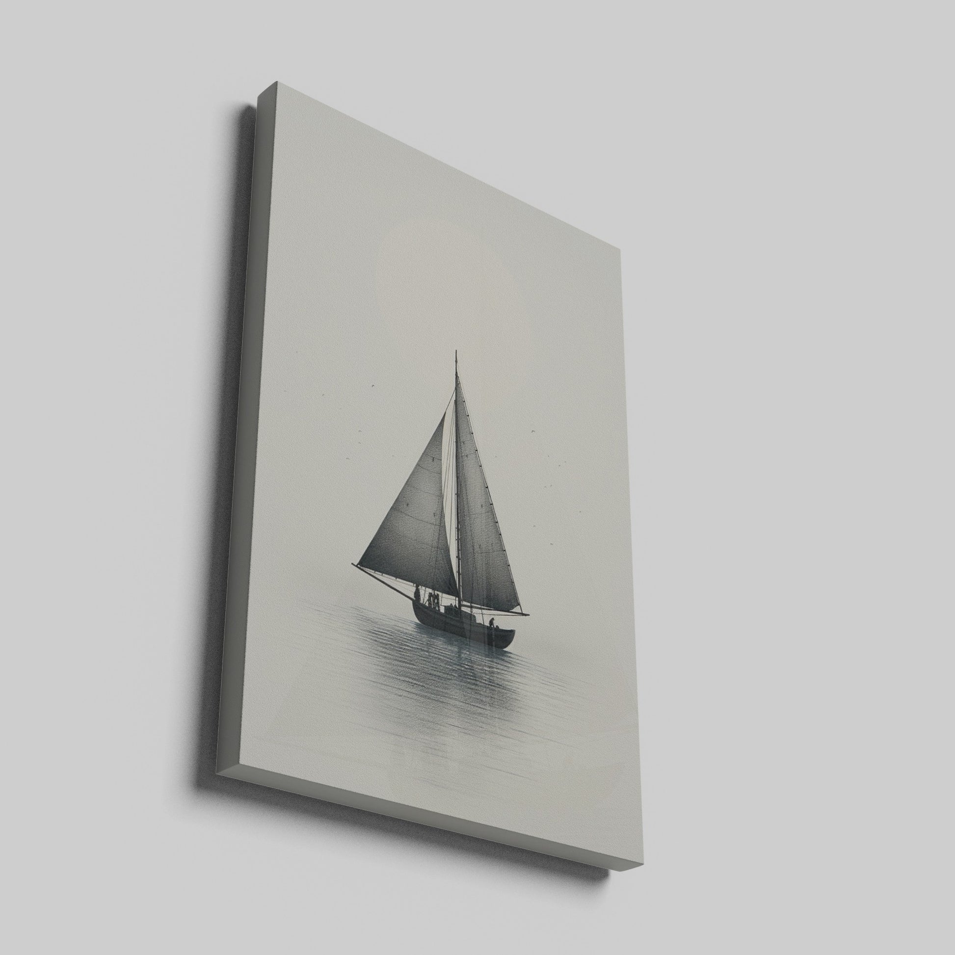 Framed canvas print of a vintage sailboat on a calm sea in monochrome