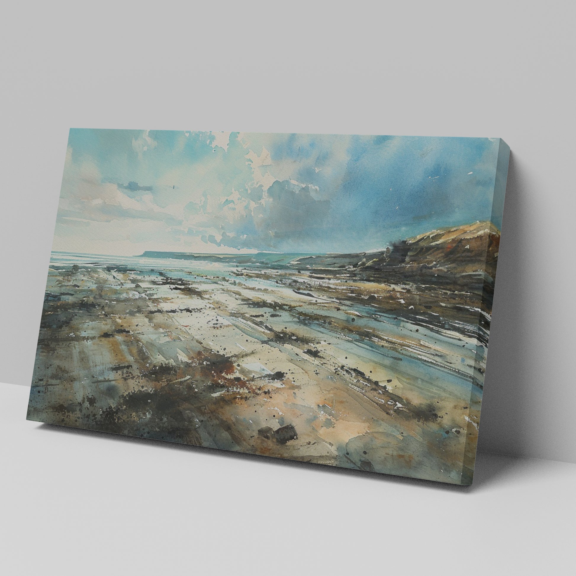 Framed canvas print of a serene watercolour coastal landscape with soft blues and natural earthy tones