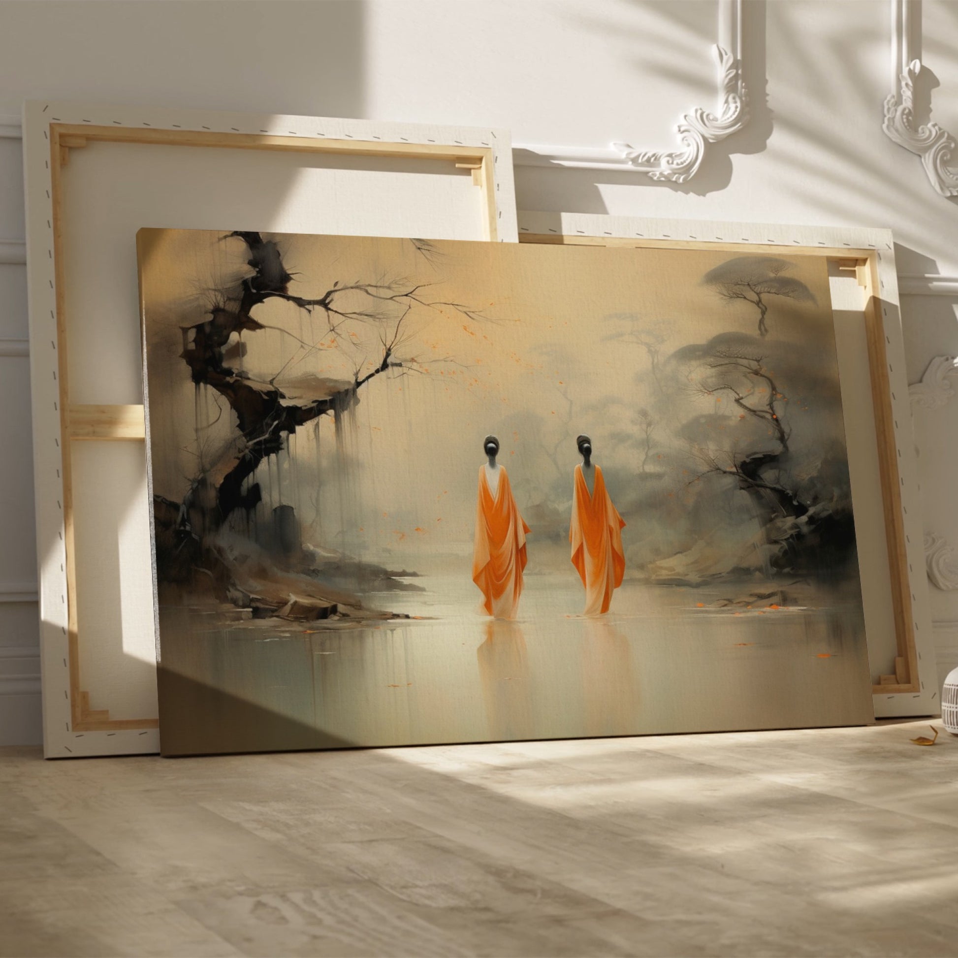 Framed canvas print of monastic figures in saffron robes by a misty river amidst autumn trees