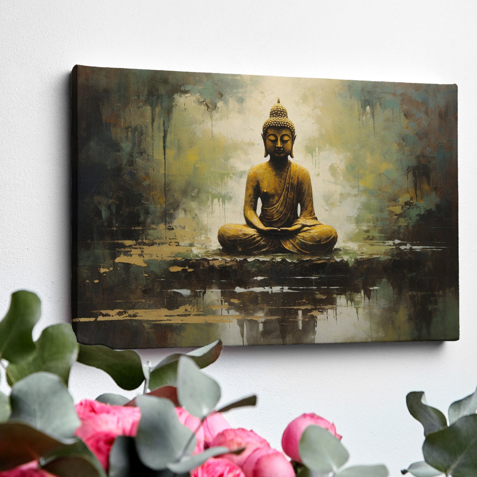 Framed canvas print of a serene and textured Golden Buddha on an abstract background