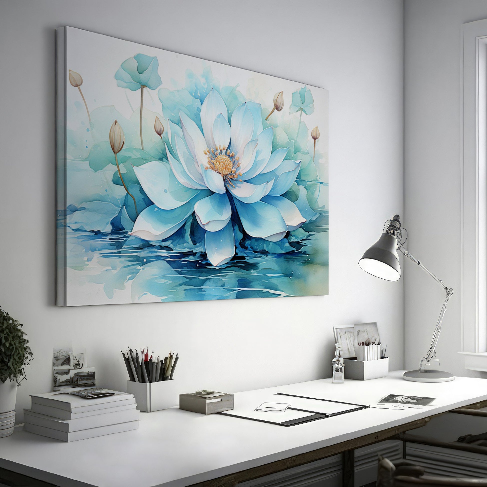 Framed canvas print of a serene watercolour lotus flower in delicate blues and whites