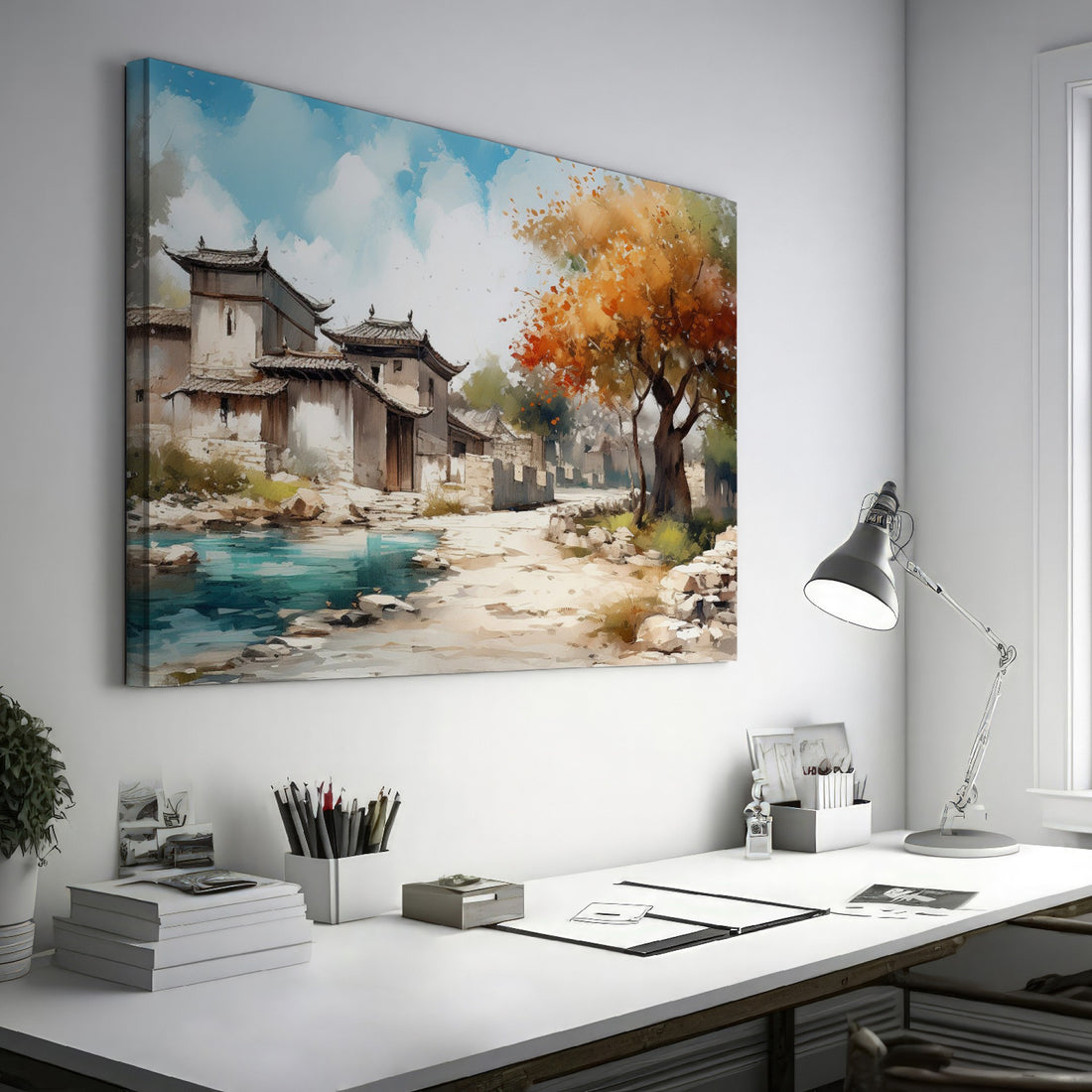 Framed canvas print of an impressionist style Oriental village scene with autumnal trees and traditional architecture