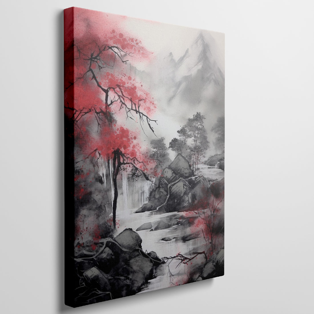 Ethereal landscape with a bold red tree, flowing waterfall, and misty mountains in monochrome with splashes of red