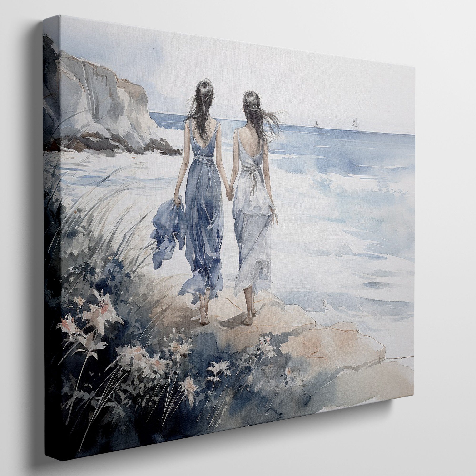 Watercolor painting of two women in blue and white dresses walking along a seaside cliff with a calm ocean backdrop