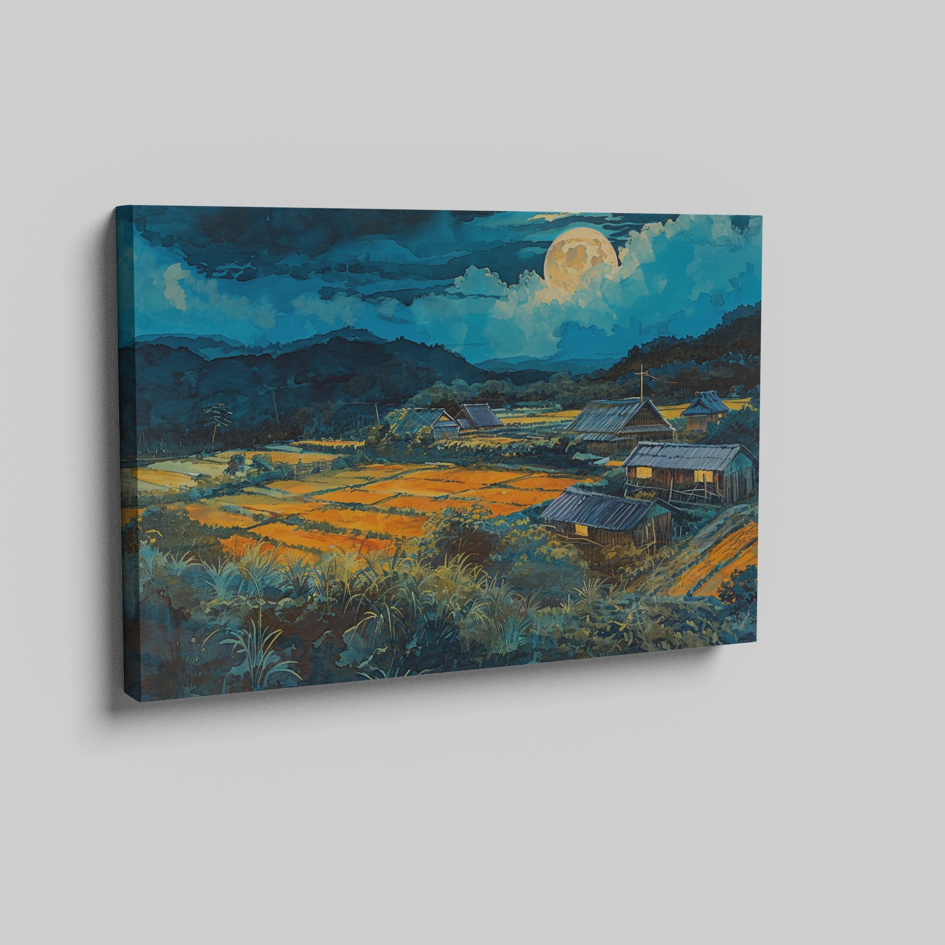 Framed canvas print of a moonlit countryside scene with vibrant fields and rustic homesteads